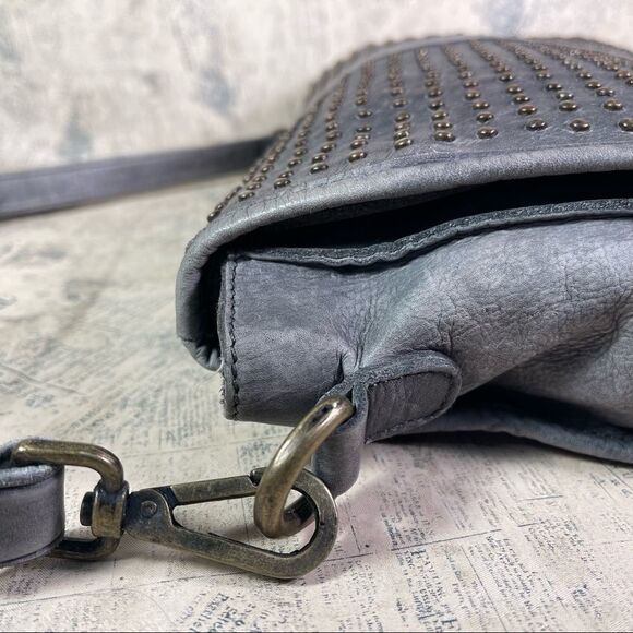 Platania | Leather Grey Studded Messenger Bag - Picture 8 of 16